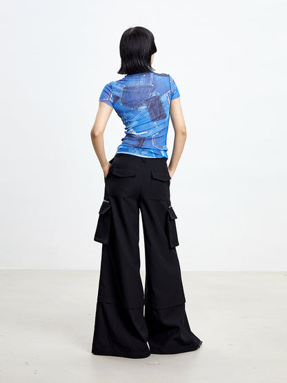 TINY IN denim print sun protection mesh long short sleeve t-shirt -IHU