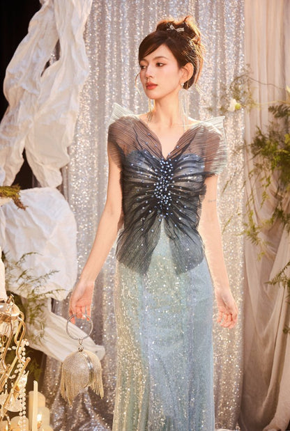 DOLLY Elegant Gradient Blue Sleeveless Off Shoulder Sequin Dress-SANDY