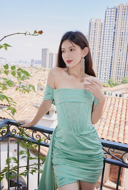 DOLLY Elegant Green Off Shoulder Corset Chest Wrap Pleated Satin Party Dress-DEVIKA