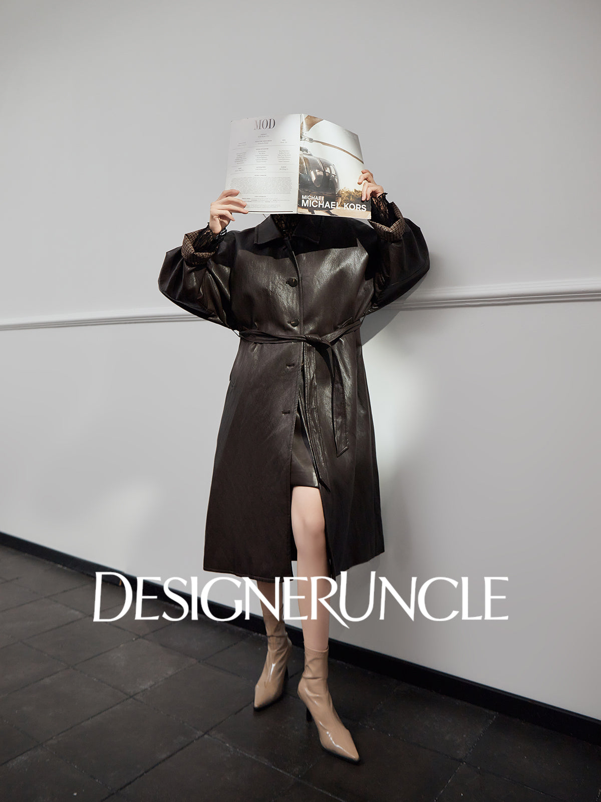 DGU|Tan leather loose slimming high-end mid-length leather jacket - Louisa.