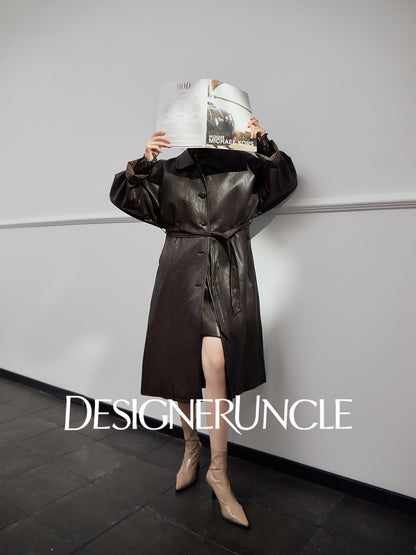 DGU|Tan leather loose slimming high-end mid-length leather jacket - Louisa.