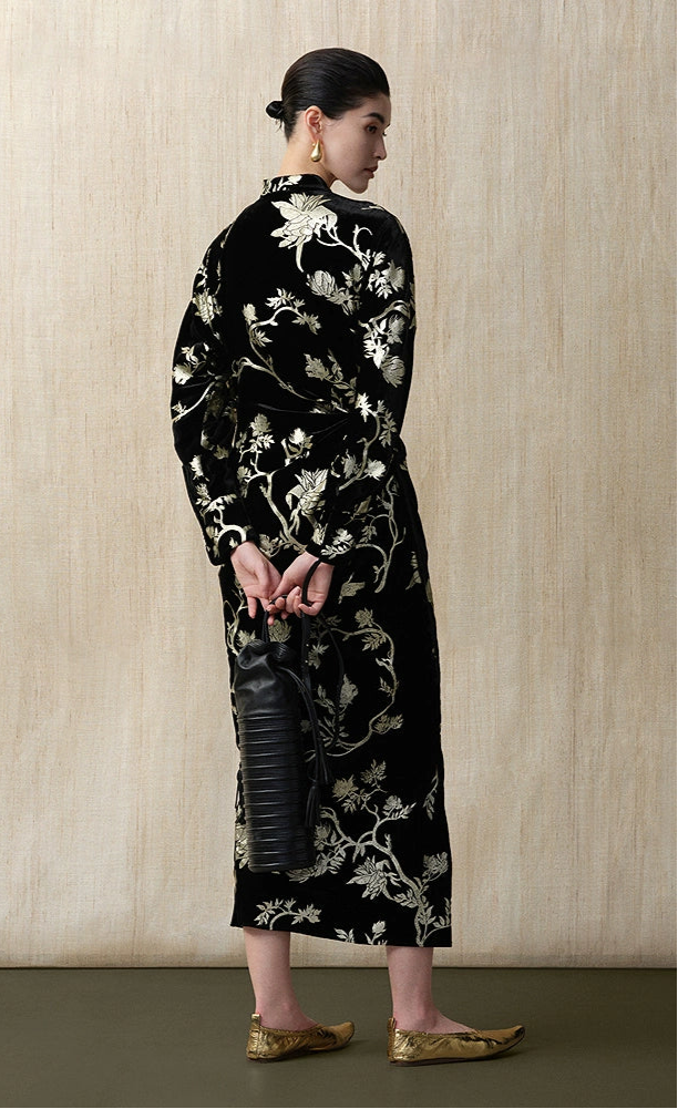 ZHUCHONGYUN bronzing velvet slit long sleeve floral dress-SHOUYA.