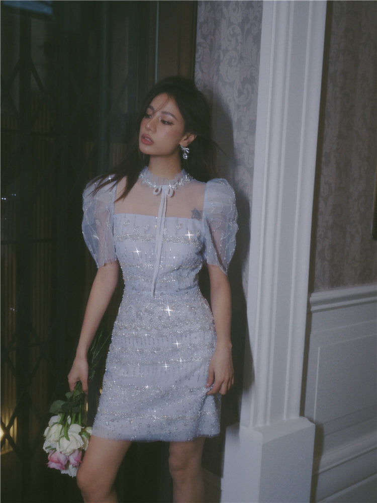 Wardrobes by Chen Luxury Blue Embroidered Crystal Pearl Dress-Bukky