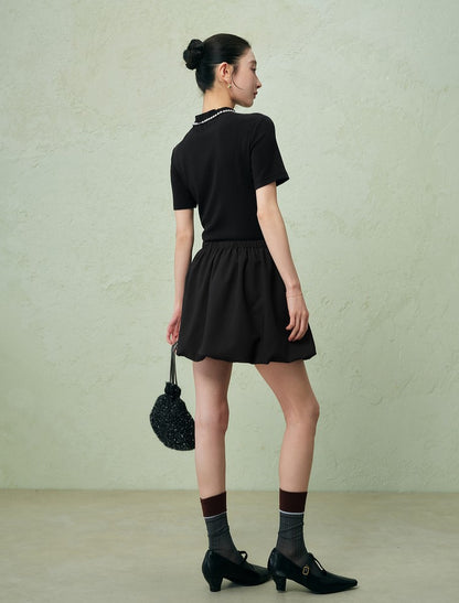 SUSHE three-dimensional flower bud elastic waist short skirt -PEARL