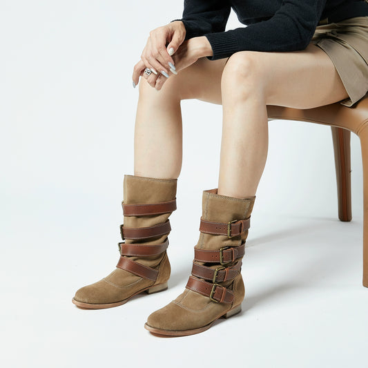 B-FEI Vintage Belt Buckle Denim Stack Boots- OKRE.