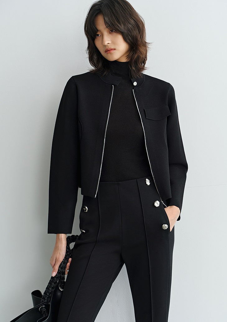 COMME MOI Lu Yan Designer's new women's small stand-up collar black knitted jacket - MEND.
