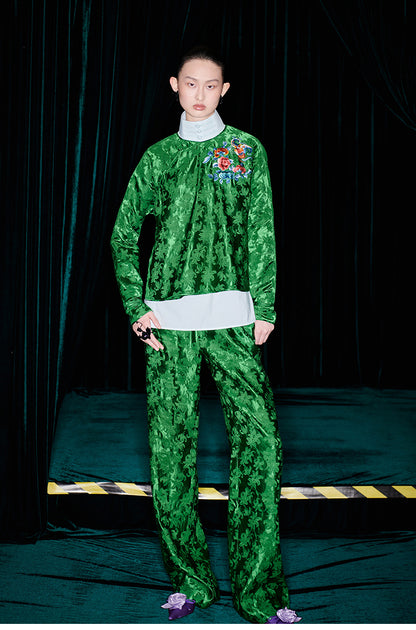 M essential Mackay designer emerald green silk thread embroidered top  pants set- zim.