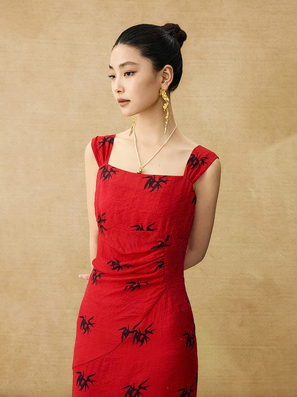 HECO Chinese irregular pleated camisole bamboo leaf print long dress- ROCK .