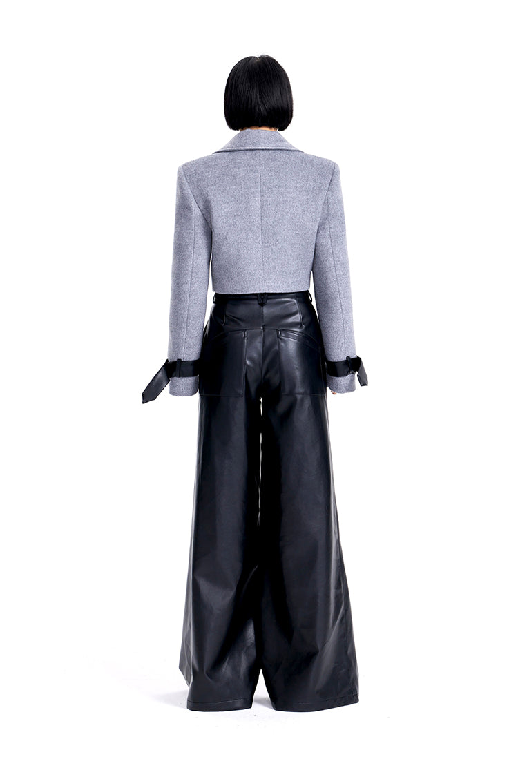 TINY IN leather stitched cropped women's wool jacket -DEKU