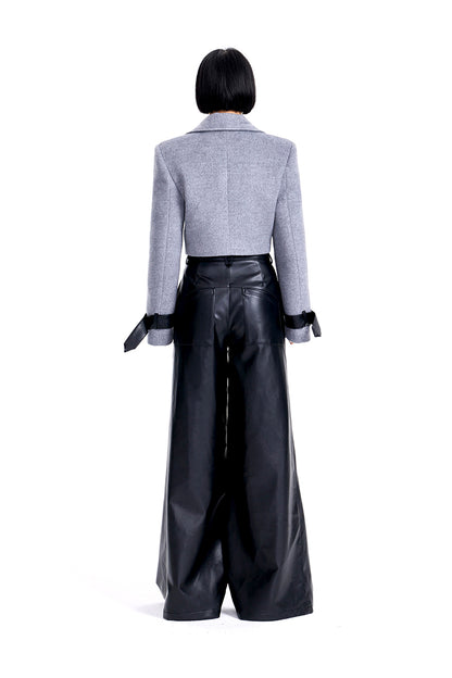 TINY IN leather stitched cropped women's wool jacket -DEKU