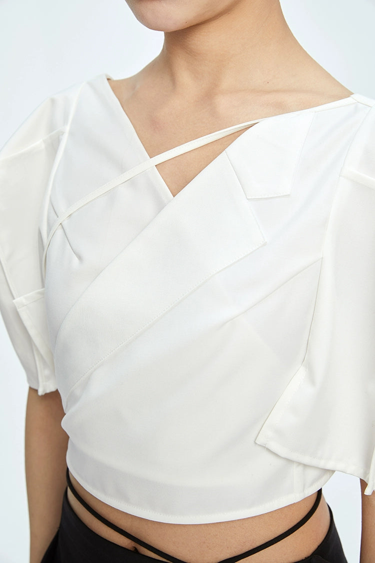 Tiny in three-dimensional square sleeve cross collar tie irregular shirt top women's short -CAM