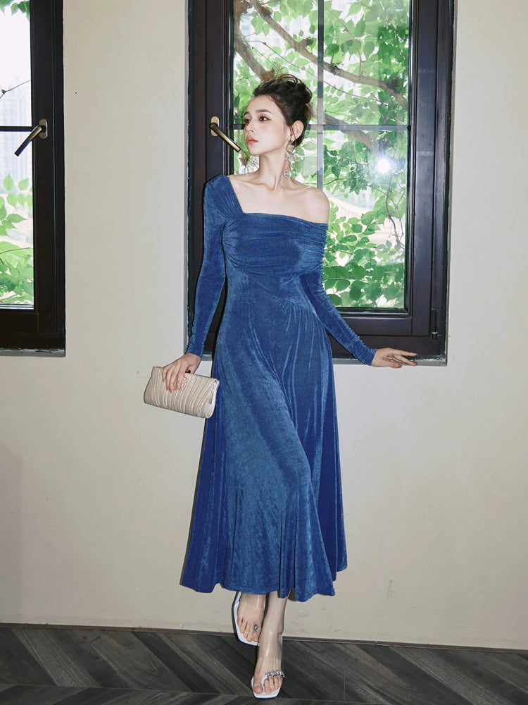 DOLLY Luxury Fog Blue Pleated Off Shoulder Slant Collar Long Sleeve Banquet Dress-MAYA
