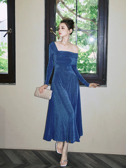 DOLLY Luxury Fog Blue Pleated Off Shoulder Slant Collar Long Sleeve Banquet Dress-MAYA
