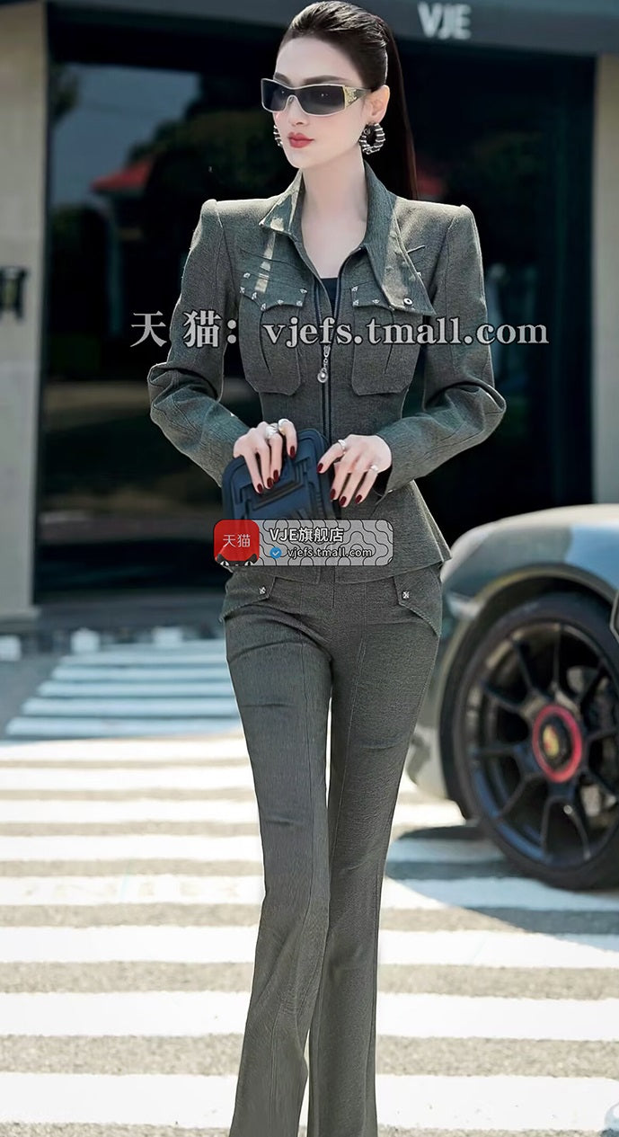 VJE denim top straight-leg pants two-piece set suit-MEA.