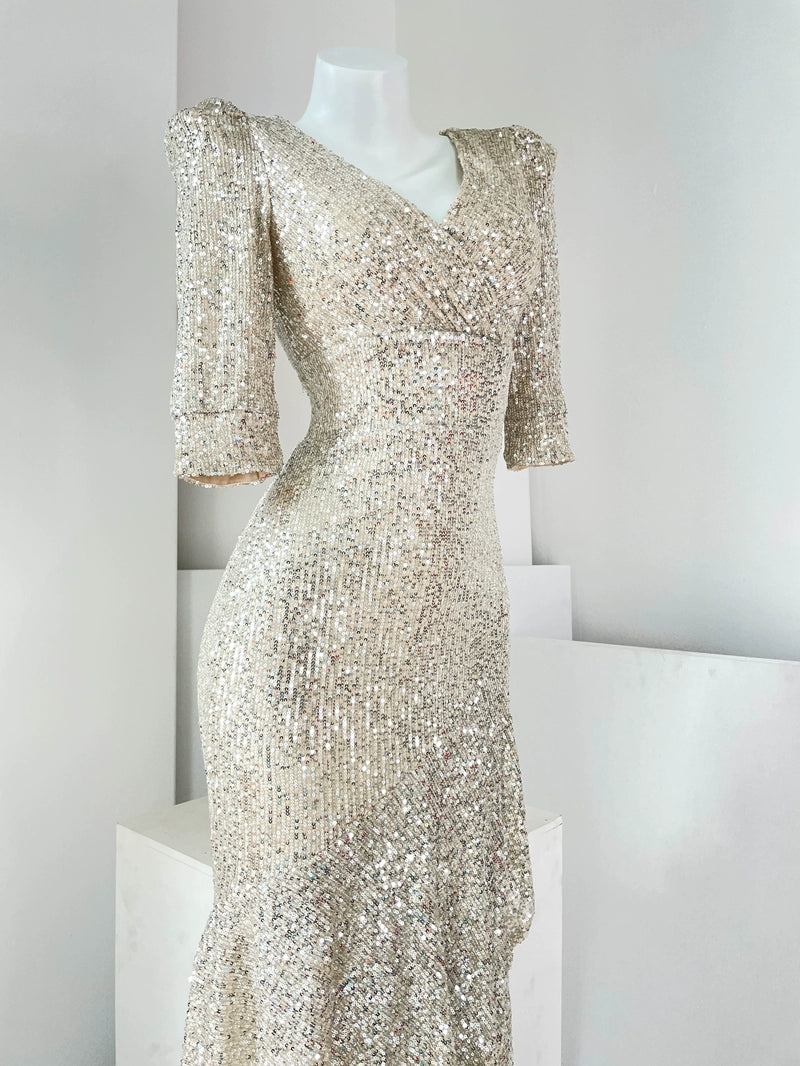 DOLLY Elegant Deep V-Neck Long Sleeve Sequin Fish Tail Long Banquet Dress-MAIA