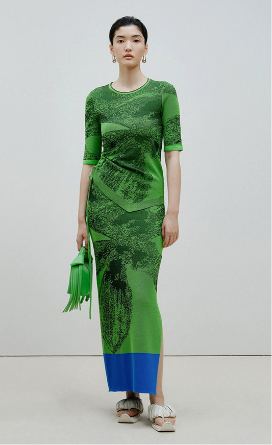 ZHUCHONGYUN Summer Green Drawstring Crew Neck Mid-Sleeve Knit Top-ARIANA.