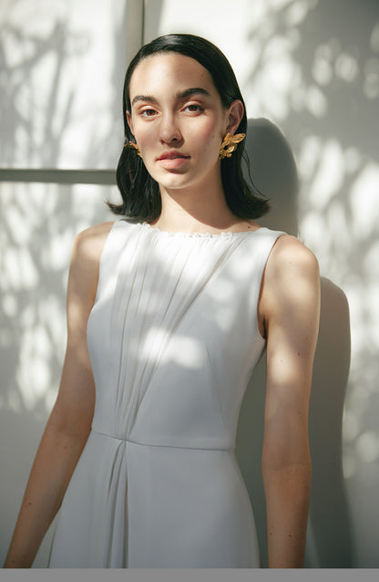 GOUDIN white long engagement outdoor light simple evening dress-TAB.
