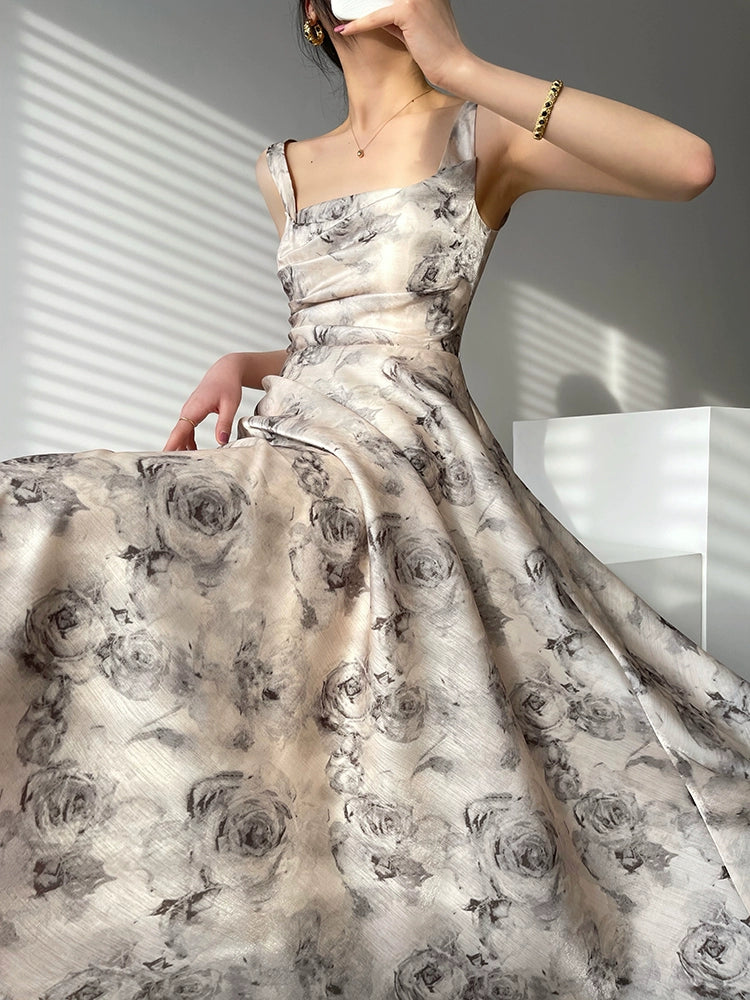 Aconiconi Elegant Sleeveless Floral Print Long swing Dress- Garden of Thorns S / Gray Aconiconi Elegant Sleeveless Floral Print Long swing Dress- Garden of Thorns S / Gray