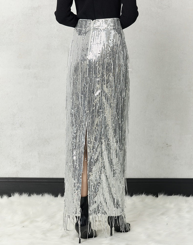 HECO 100% polyester Silver Black Sequins High Waist Slim Skirt Woman - sun.