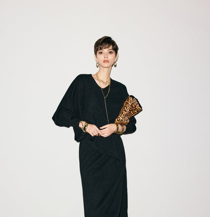 ANNASPEAK  Wool V-Neck Dress Shawl Knit Set Winter-KIKI.