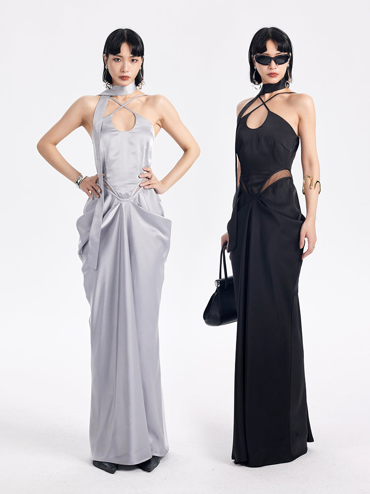 TINY IN satin irregular slip sleeveless hip pleated long dress -KING