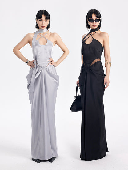 TINY IN satin irregular slip sleeveless hip pleated long dress -KING