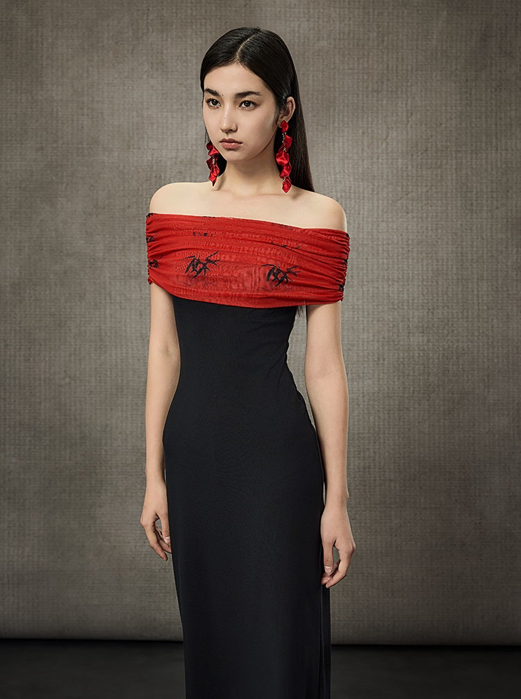 HECO Pleated One-Shoulder Bardot Temperament Midi Dress  - BELIEVE.