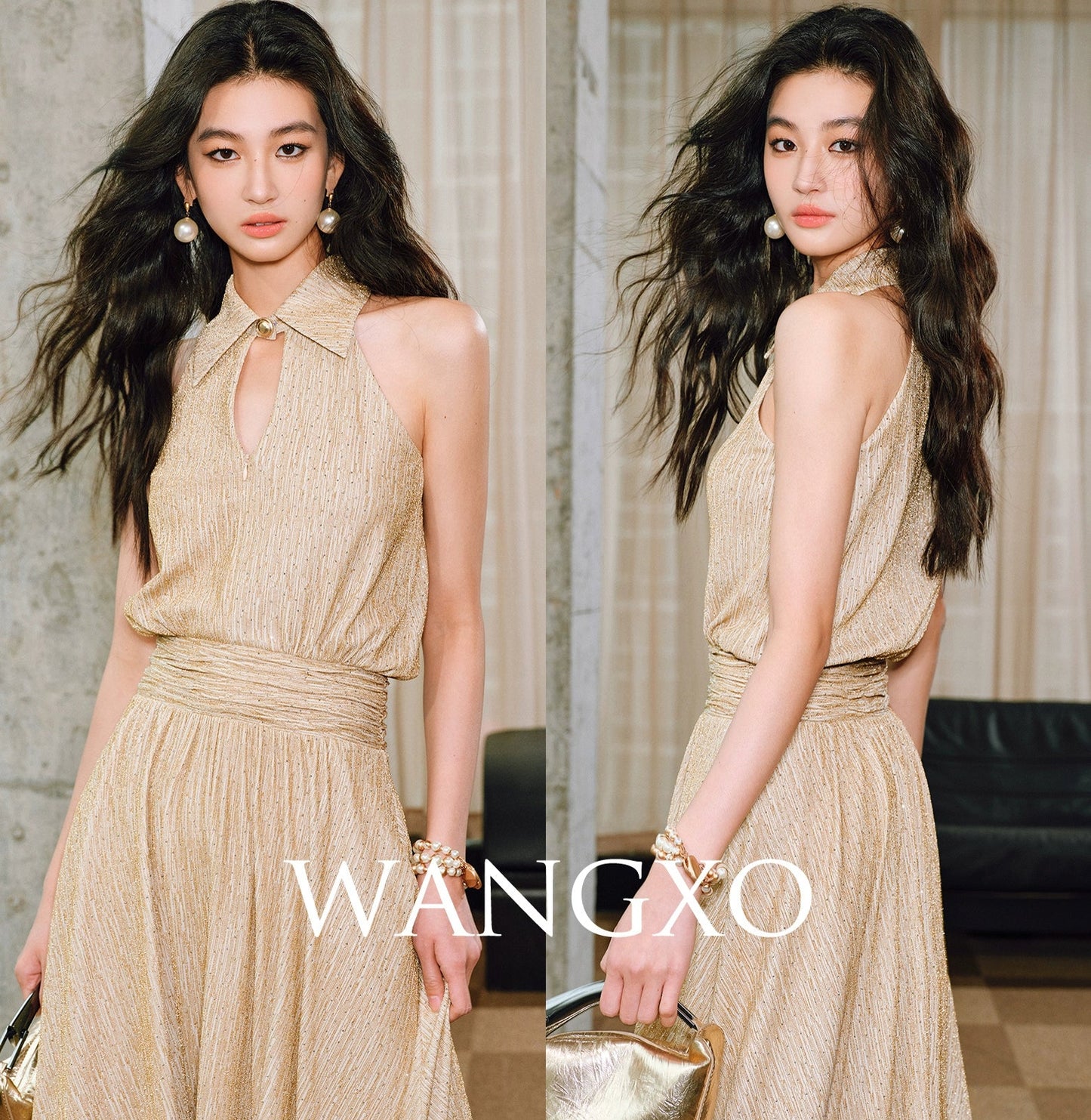 WANGXO | Extravagant Sparkling Meteor Diamond  Metallic Striped Umbrella Hem Sleeveless Dress -ZIVI