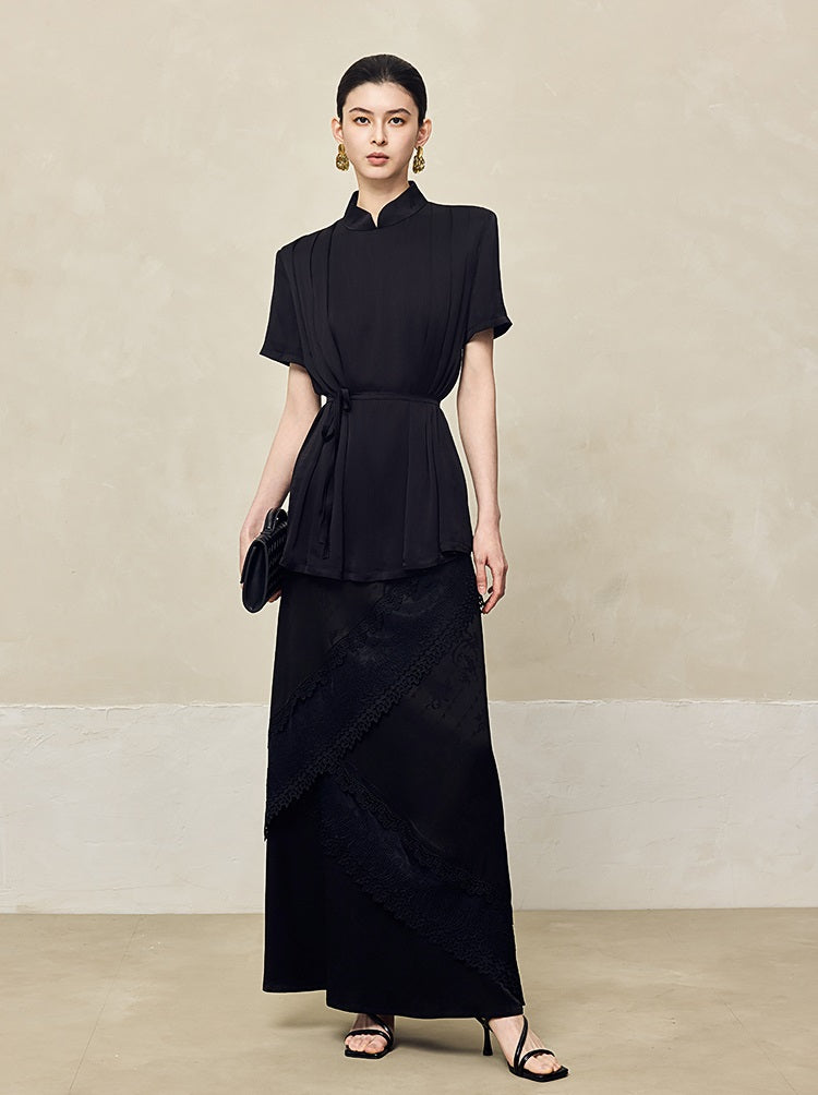 HECO acetate press-pleated cinched waist black white texture t-Shirt - NONE.