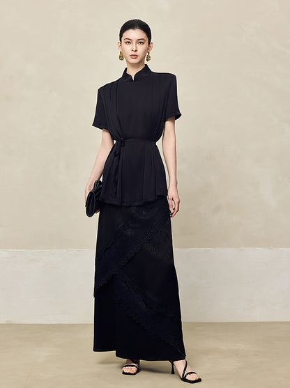 HECO acetate press-pleated cinched waist black white texture t-Shirt - NONE.