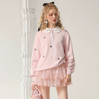 CHECOCRE Classy Sweet Collar Nail Drill Loose Casual Sweat Top - ROMAN