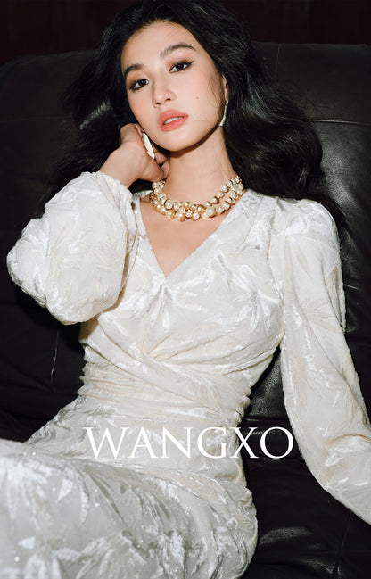 WANGXO | Bright Silk Stretch Knit Jacquard V-Neck Tie Waist Dress-KIRA.