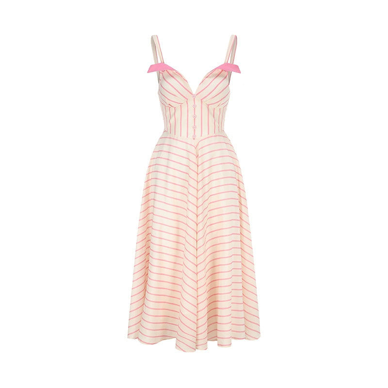 Le Palais Vintage Elegant  pink and white striped heavy work Maxi skirt draped dress-UNIQUE