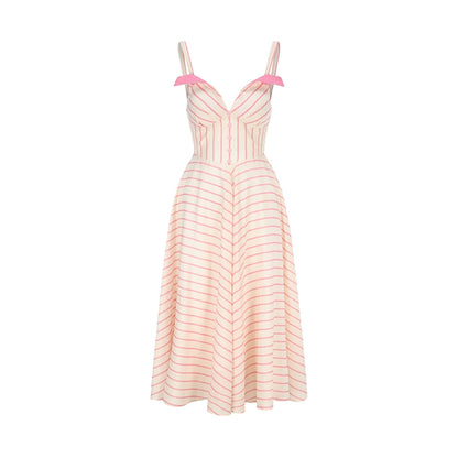 Le Palais Vintage Elegant  pink and white striped heavy work Maxi skirt draped dress-UNIQUE