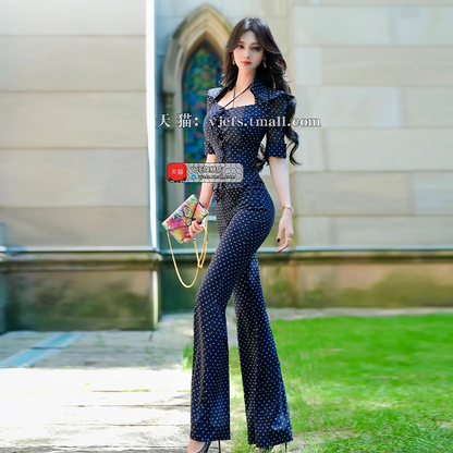 VJE Drawstring mesh short-sleeved top flared pants two-piece suit-COCO.