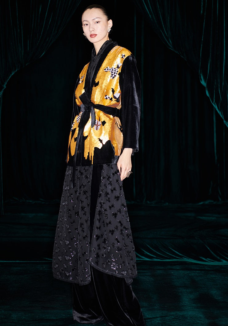 M essential Mackay designer non-jerked velvet tribal totem beaded coat - shut.