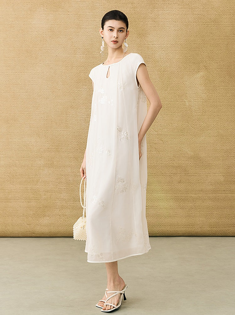 HECO Chinese Style Water Drop Neck Shoulder Embroidered Dress - SWEAT.