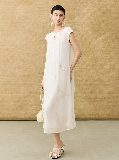 HECO Chinese Style Water Drop Neck Shoulder Embroidered Dress - SWEAT.
