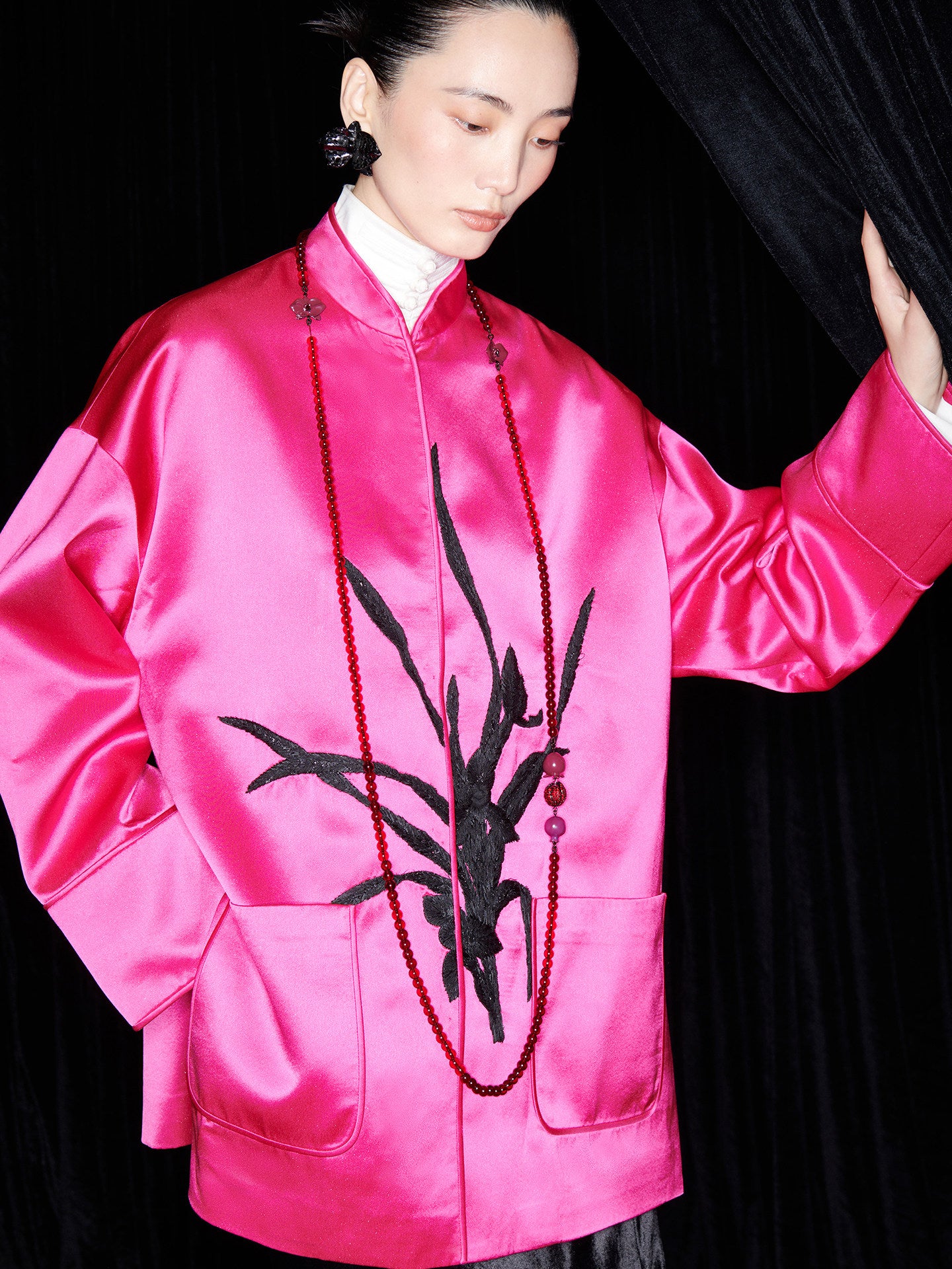 M ESSENTIAL Mackay designer Orchid silhouette patch Silver glitter satin coat - SWEAD