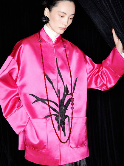 M ESSENTIAL Mackay designer Orchid silhouette patch Silver glitter satin coat - SWEAD
