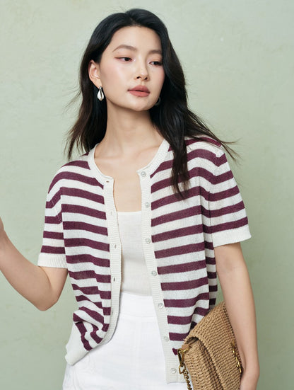 SUSHE light hollow texture striped short-sleeved knit sweater new stretch loose top -BESS