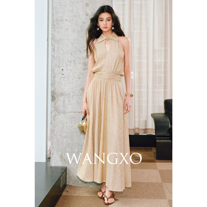 WANGXO | Extravagant Sparkling Meteor Diamond  Metallic Striped Umbrella Hem Sleeveless Dress -ZIVI