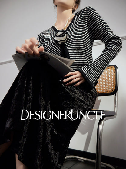 DGU "Lanxi" black knitted sweater striped French retro slimming top - IMOGEN.