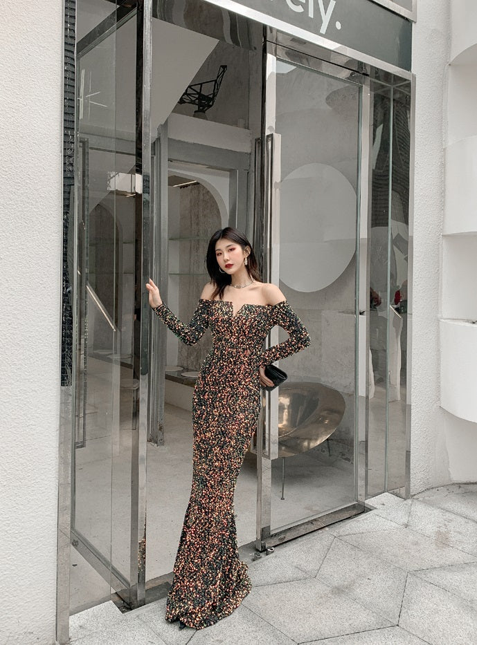 DOLLY High End Sequin Off Shoulder Long Sleeve Slim Fit Long Fish Tail Evening Dress-KASSIE