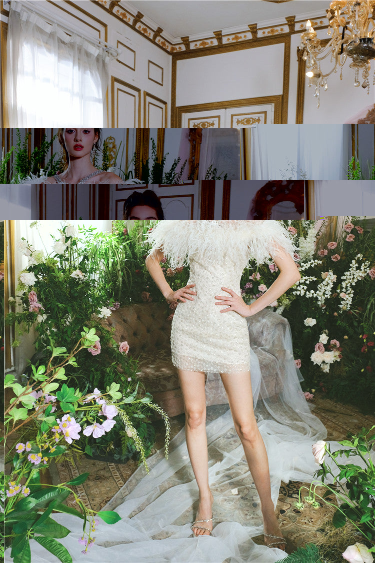 Wardrobes by Chen Luxury Off White Off Shoulder Feather Short Mini Party Dress-Genny