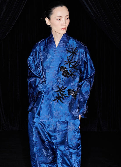 M essential Mackay designer sea green jacquard gag fish algae pattern nail bead jacket - ZYAN.