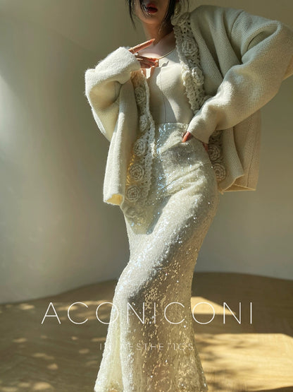 Aconiconi Luxury Loose V-Neck Long Sleeve Crochet Sweater - Camellia in the Fields