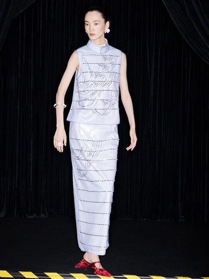 M essential Mackay designer catenary beaded stand-up collar vest - tempaa