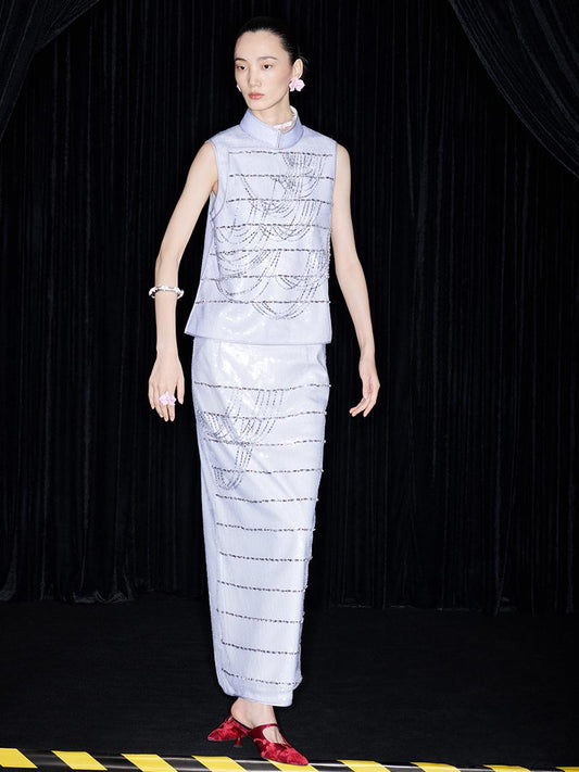 M essential Mackay designer catenary beaded stand-up collar vest - tempaa