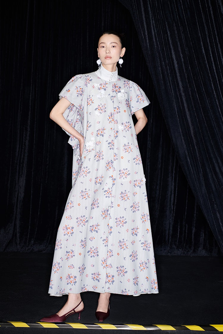 M essential Mackay designer Jinghe Printing floral nail bead puff sleeve dress - HAPPY.